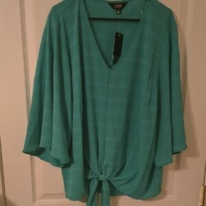 Slim Factor By Investments Woman Teal V-Neck Flowy Blouse with Tie-Front 3X